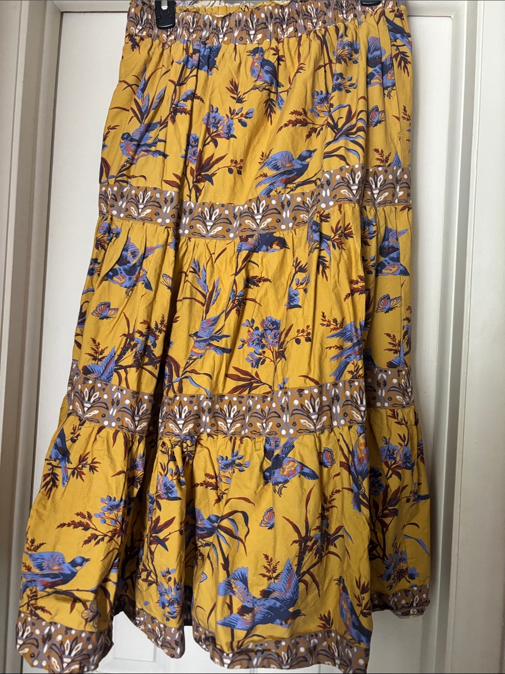 Sundance Mustard Maxi Skirt with Blue Bird Print